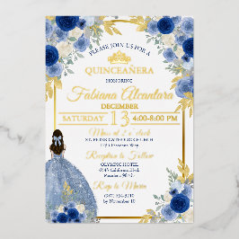 Elegant Royal Blue & Gold Rose Quinceañera Folie Uitnodiging