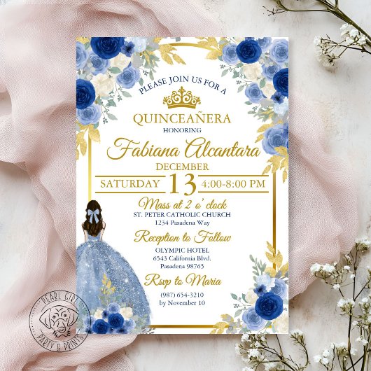 Elegant Royal Blue & Gold Rose Quinceañera  Kaart