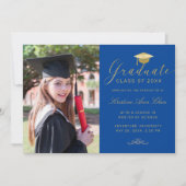 Elegant Royal Blue Gold Script Photo Afstuderen Aankondiging (Voorkant)