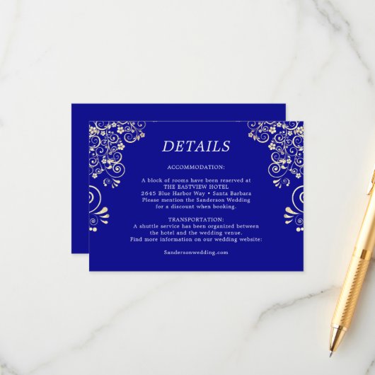 Elegant Royal Blue Gold Wedding Details Informatiekaartje (Voorkant / Achterkant in situ)