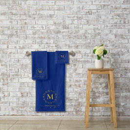 Elegant Royal Blue Gold Wreator Monogram Bad Handdoek