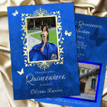 Elegant Royal Blue, gouden vlinders Quinceanera Folie Uitnodiging<br><div class="desc">Elegant koningsblauw Quinceanera uitnodiging met echte gouden folie vlinders heeft een decoratief foto lijst voor uw Mis Quince foto. Verander gouden folie in zilver voor zilveren en blauwe verjaardagskleuren. Vlinders kunnen eenvoudig worden aangepast en verplaatst. Whimsical vlinder design sjabloon is mooi met je azuurblauwe of ceruleaanse jurk portret. Upload een...</div>