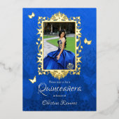 Elegant Royal Blue, gouden vlinders Quinceanera Folie Uitnodiging (Voorkant)