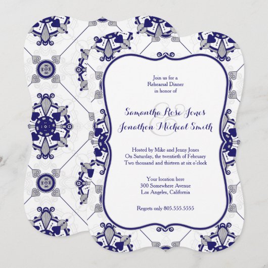 Elegant Royal Blue Grey Medallion Rehearsal Dinner Kaart (Voorkant / Achterkant)
