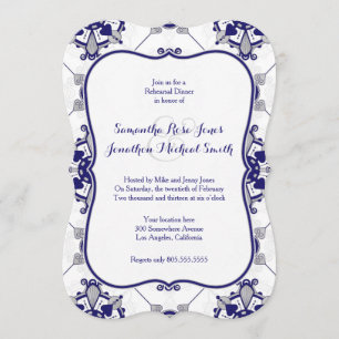 Elegant Royal Blue Grey Medallion Rehearsal Dinner Kaart