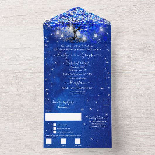 Elegant Royal Blue Heart Leaf Tree Weddenschap All In One Uitnodiging (Binnen)