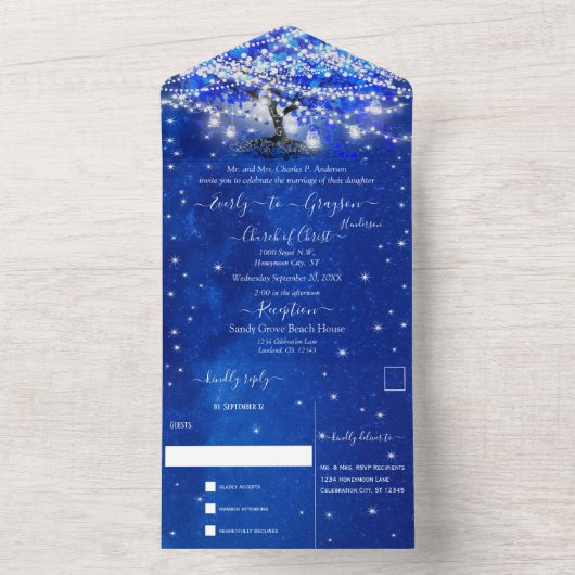 Elegant Royal Blue Heart Leaf Tree Wedding All In One Uitnodiging (Binnen)