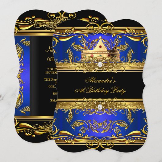 Elegant Royal Blue King Queen Birthday Party Kaart (Voorkant / Achterkant)