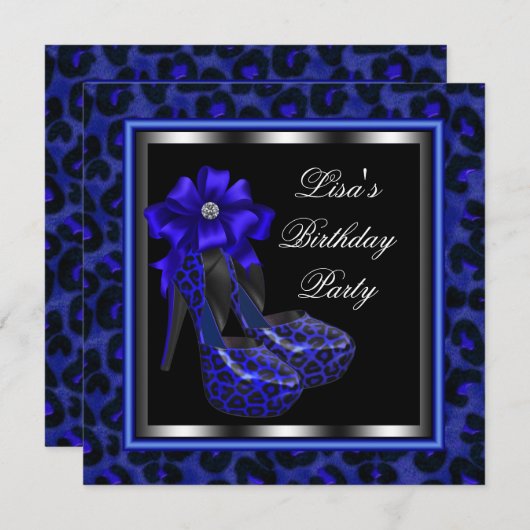 Elegant Royal Blue Leopard verjaardagsfeestje Kaart (Voorkant / Achterkant)