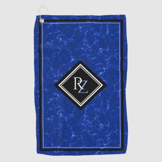 Elegant Royal Blue Marble Black Diamond Monogram Golfhanddoek (Voorkant)