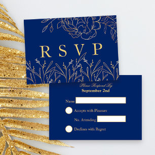 Elegant Royal Blue met gouden geschetste bloemen RSVP Kaartje