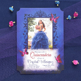 Elegant Royal Blue met rode vlinders Quinceanera Kaart