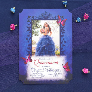 Elegant Royal Blue met rode vlinders Quinceanera Kaart