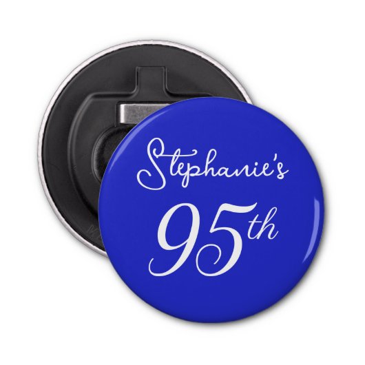Elegant Royal Blue Monogram 95e verjaardagsfeestje Button Flesopener (Voorkant)