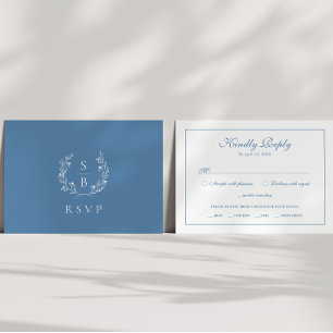 Elegant Royal Blue Monogram Botanische krans RSVP Informatiekaartje