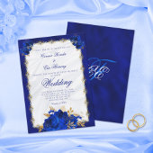 Elegant Royal Blue Monogram Rozen Formele bruiloft Kaart