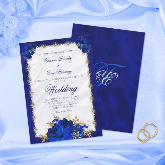 Elegant Royal Blue Monogram Rozen Formele bruiloft Kaart