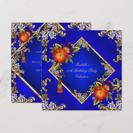Elegant Royal Blue Oranje Purple Flowers Party Kaart (Voorkant / Achterkant)