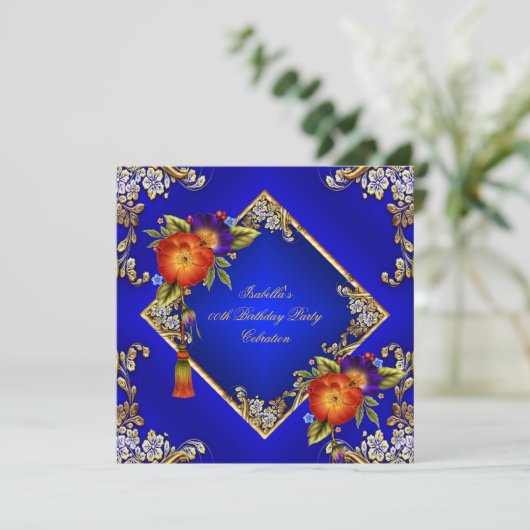 Elegant Royal Blue Oranje Purple Flowers Party Kaart (Staand voorkant)
