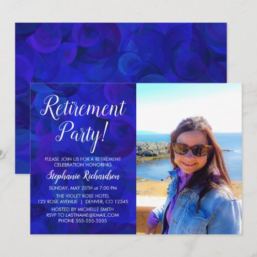 Elegant Royal Blue Photo Retirement Party Kaart (Voorkant / Achterkant)