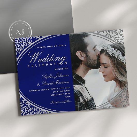 Elegant Royal Blue Photo Wedding Kaart