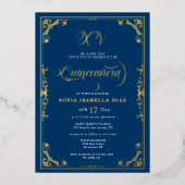 Elegant Royal Blue Quinceañera Gold of Silver Folie Uitnodiging (Voorkant)