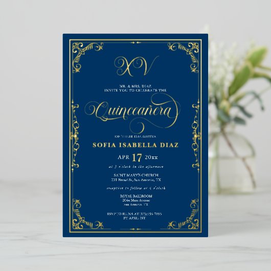 Elegant Royal Blue Quinceañera Gold of Silver Folie Uitnodiging (Staand Voorkant)