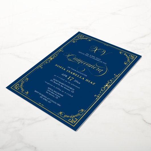 Elegant Royal Blue Quinceañera Gold of Silver Folie Uitnodiging (Gedraaid)