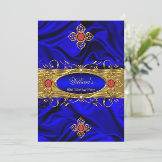 Elegant Royal Blue Red Pareltjes Silk Birthday Kaart (Staand voorkant)