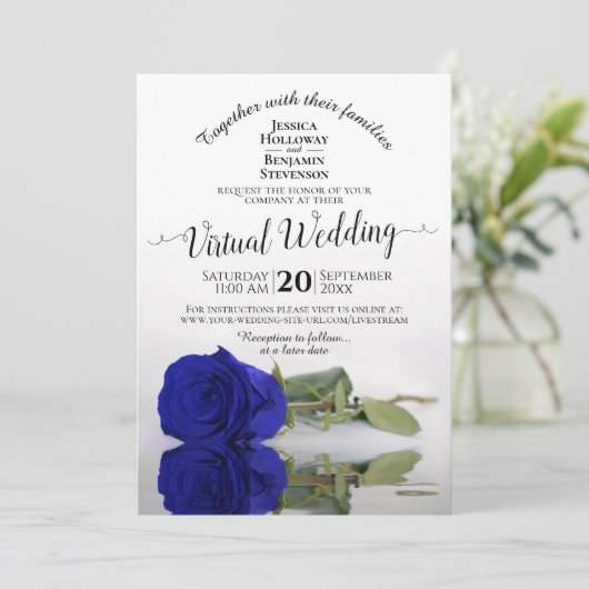 Elegant Royal Blue Reflecterend Roos Virtual Weddi Kaart (Staand voorkant)