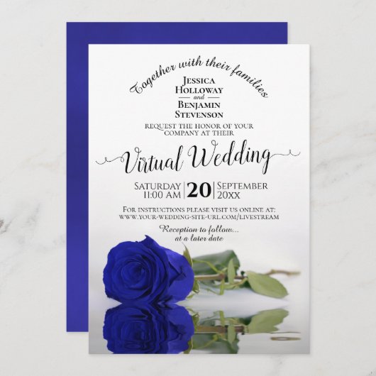 Elegant Royal Blue Reflecterend Roos Virtual Weddi Kaart (Voorkant / Achterkant)
