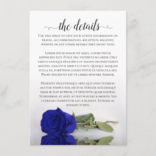 Elegant Royal Blue Reflecting Roos Wedding Details Informatiekaartje (Voorkant)
