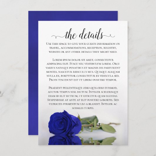 Elegant Royal Blue Reflecting Roos Wedding Details Informatiekaartje (Voorkant / Achterkant)