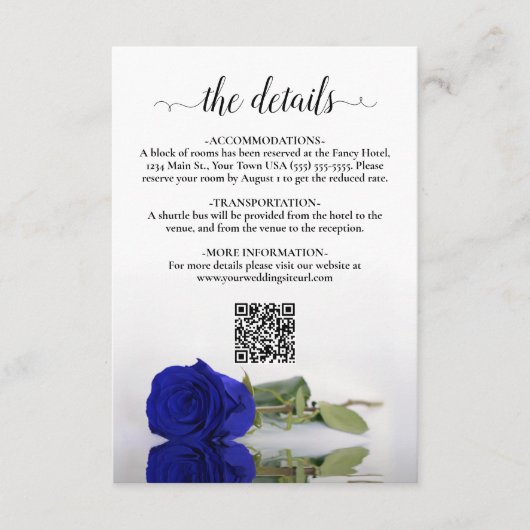 Elegant Royal Blue Roos bruiloft details QR-code Informatiekaartje (Voorkant)