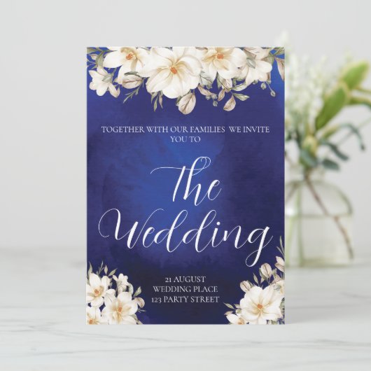 Elegant Royal Blue Roos Fancy QR Code Weddenschap Kaart (Staand voorkant)