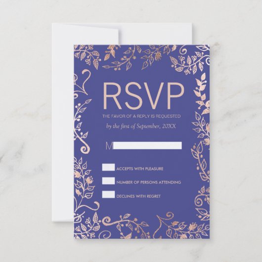 Elegant Royal Blue Roos Gold Floral RSVP-kaarten RSVP Kaartje (Voorkant)