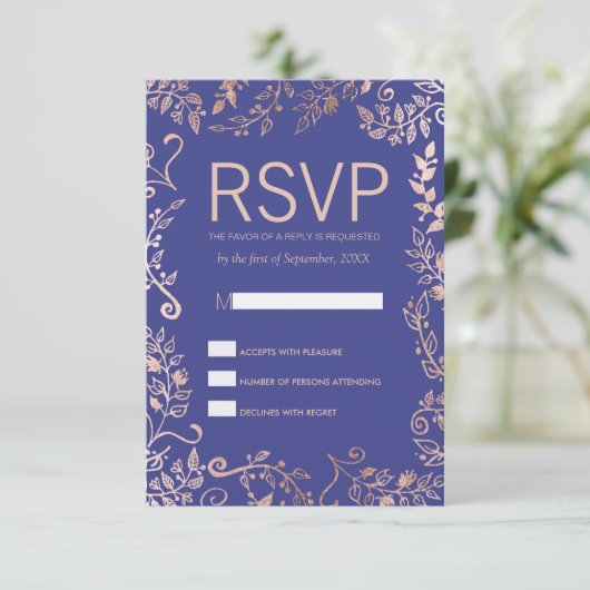 Elegant Royal Blue Roos Gold Floral RSVP-kaarten RSVP Kaartje (Staand voorkant)