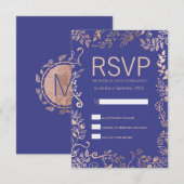 Elegant Royal Blue Roos Gold Floral RSVP-kaarten RSVP Kaartje (Voorkant / Achterkant)