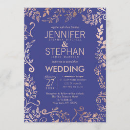 Elegant Royal Blue Roos Gold Floral Wedding Kaart