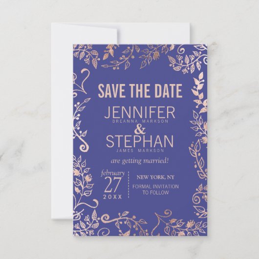Elegant Royal Blue Roos Gold Floral Wedding Save The Date (Voorkant)