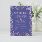 Elegant Royal Blue Roos Gold Floral Wedding Save The Date (Staand voorkant)