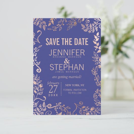 Elegant Royal Blue Roos Gold Floral Wedding Save The Date (Staand voorkant)