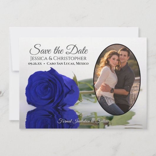 Elegant Royal Blue Roos met Oval Photo Wedding Save The Date (Voorkant)