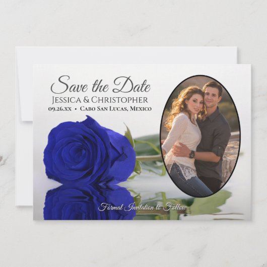 Elegant Royal Blue Roos met Oval Photo Wedding Save The Date (Voorkant)
