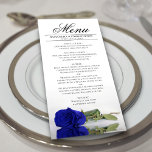 Elegant Royal Blue Roos met Reflections Wedding Menu<br><div class="desc">Dit prachtige menu zal wat stijl aan uw trouwreceptie toevoegen. Het is een prachtig en romantisch ontwerp met één levendig koninklijk blauw of kobalt gekleurd roos dat aan de zijkant staat en dat in een pool van water met golven en rimpels reflecteert. Er is ruimte voor de namen van het...</div>