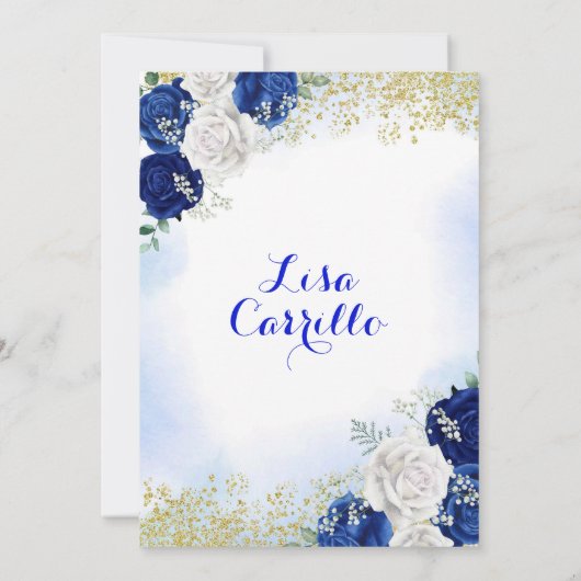 Elegant Royal Blue Roos Mis XV Anos Uitnodiging (Achterkant)