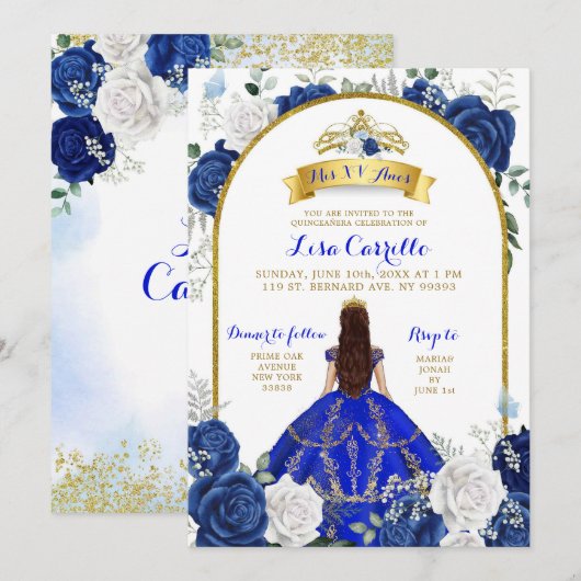 Elegant Royal Blue Roos Mis XV Anos Uitnodiging (Voorkant / Achterkant)