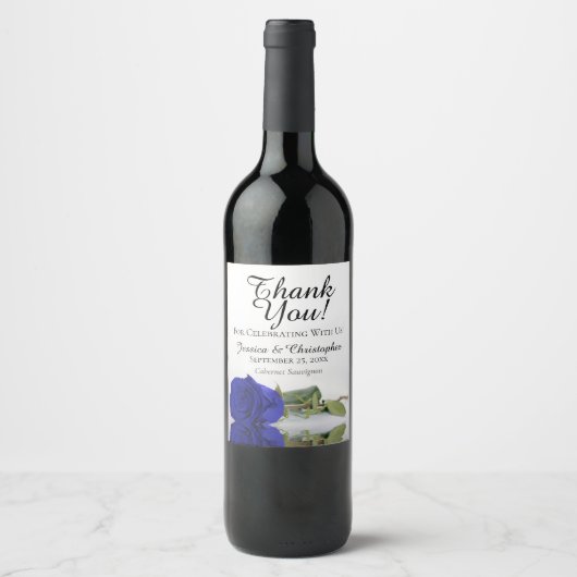 Elegant Royal Blue Roos Wedding Bedankt Wijn Etiket (Voorkant)