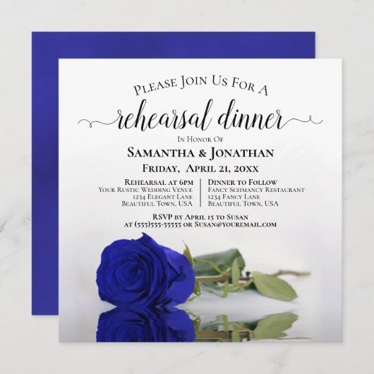 Elegant Royal Blue Roos Wedding Rehearsal & Dinner Kaart (Voorkant / Achterkant)