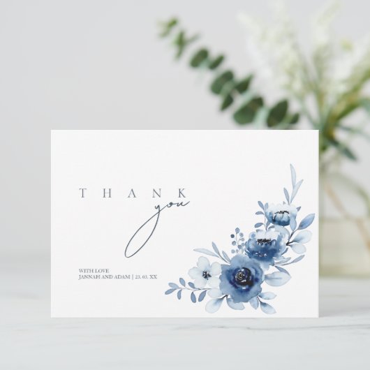 Elegant Royal Blue Rozen Bloemenbruiloft Bedankkaart (Staand voorkant)